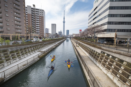 Tokyo Sky Tree and Kitajuumon River in Tokyo,Japan; 2nd Apr 2017のeditorial素材