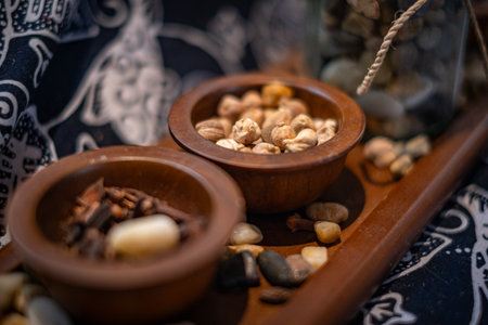 Various type of spices in wooden bowlの写真素材