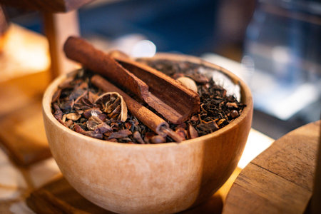 Various type of spices in wooden bowl