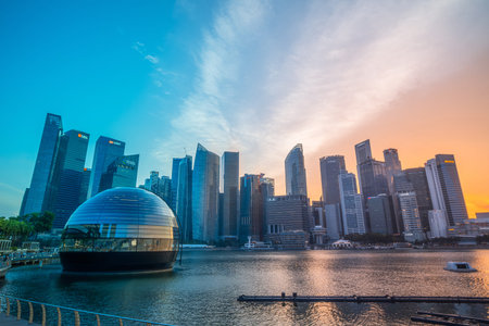 Singapore, August 14, 2023; Floating Apple store at Central Business District with sunset sky, Apple...