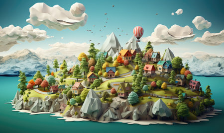 fantasy island with mountains, trees, and animals on green grass isolated with clouds. 3d illustration of island with beautiful land scape.の素材