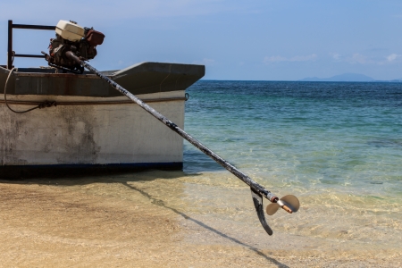 The small propeller on the rudder of a boatの写真素材