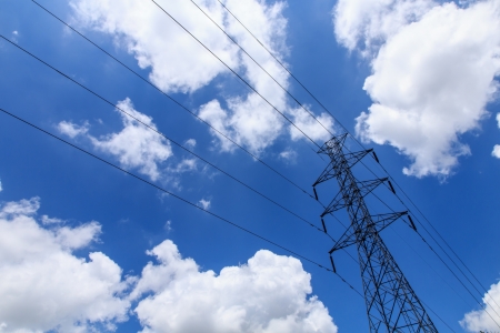 High voltage post and sky backgroundの写真素材