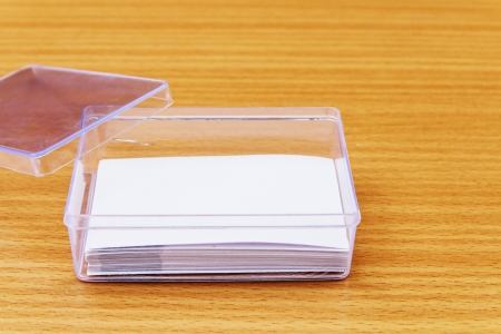 Box of namecard on wooden backgroundの写真素材