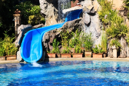 Blue slider in water parkの写真素材