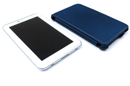 Tablet computer and blue caseの写真素材
