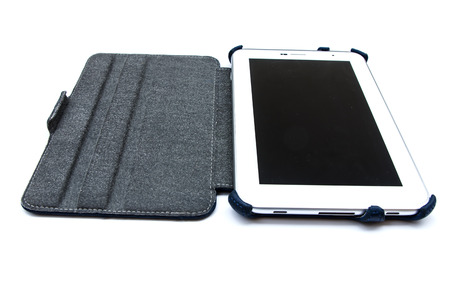 Tablet computer in leather caseの写真素材
