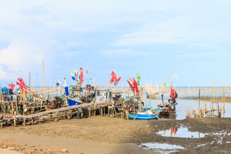 Fishing boat park on the beach, Nakhon Si Thammarat Thailandの写真素材