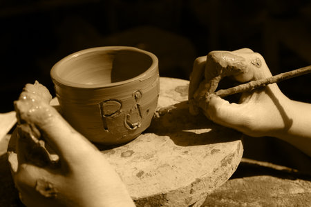 Sepia of hand writing on ceramic clay pottery, Koh Kret island, Thailandのeditorial素材