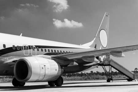 Left wing of a commercial airplane in black and whiteの写真素材