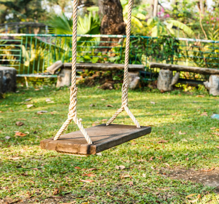 Wooden swing with green grass background in the parkの写真素材