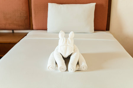 White towels put on the bedroomの写真素材