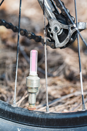 Closeup air pump of bicycle wheelの写真素材