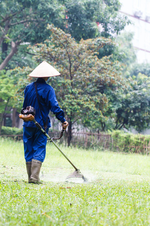 Man moves with lawnmower and green grassの写真素材