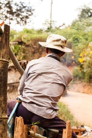 Construction worker in action working outdoorの写真素材