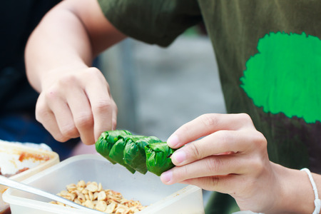 Hand seller made food wrapped in leaves or Miang Kham sold as local market, Thailandの写真素材