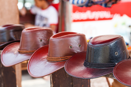 Leather cowboy hat on street market shop Nonthaburi, Thailandの写真素材