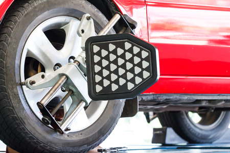 Closed up of red car wheel testの写真素材