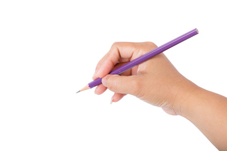 Woman hand holding pencil isolated on white white backgroundの写真素材