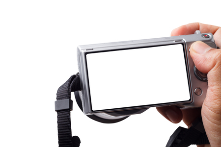 SLR camera in hand with isolated on white backgroundの写真素材