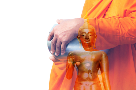 Buddhist monks walking for receive food from the people の写真素材
