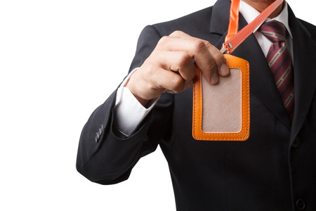 Business man with leather name plate from the neckの写真素材