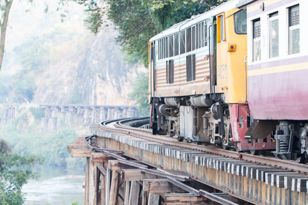 Train running on death railway in Kanchanaburi province, Thailandのeditorial素材