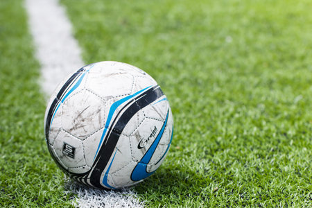 BANGKOK, THAILAND-JUNE 24, 2017: Soccer ball before match competition on green field on June 24, 2017 in Bangkok, Thailandのeditorial素材