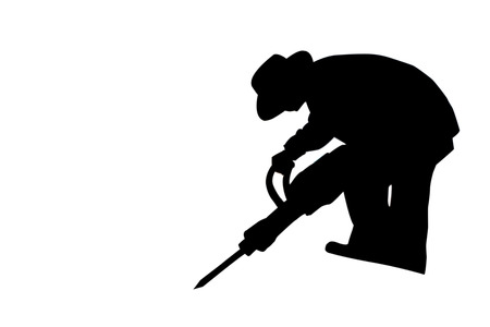 Silhouette of construction worker with electric drill isolated on white backgroundの写真素材