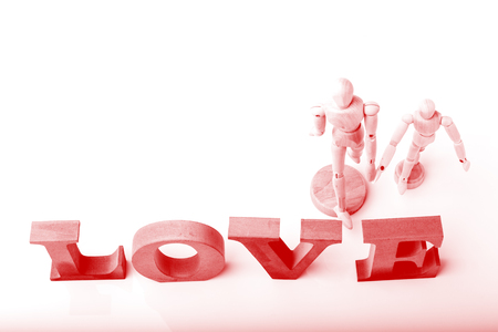 Top view of Wooden Doll with Love Letter, Concept for Love with Valentine's Dayの写真素材