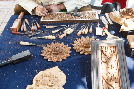 Man working craft with wooden using crafting DIY tools, selective focusの写真素材