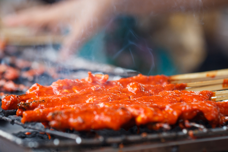 Street food, Grilled chicken on the flaming grillの写真素材