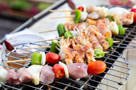 Raw Bar-B-Q, Barbecue prepared for grilling, street food in Thailandの写真素材