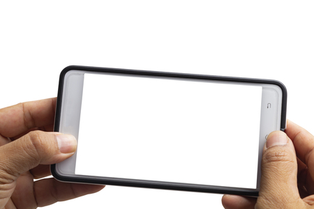 Man hand holding black mobile phone mock up blank screen isolated on white background.の写真素材