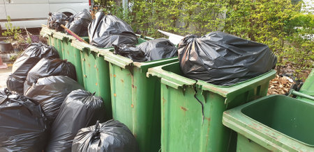 Garbage collected in black bags is in green trash ready for disposal.の写真素材