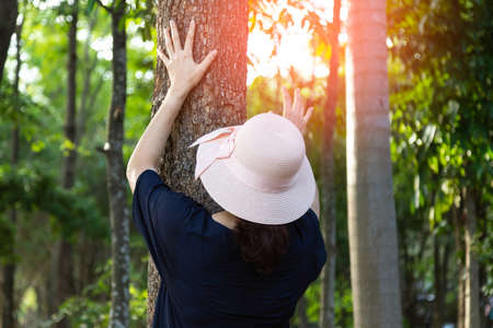 Ecology and environment concept with woman with hat hugging big green tree in the outdoor forest. Concept nature and eco lifestyle and protection for life planet.の写真素材