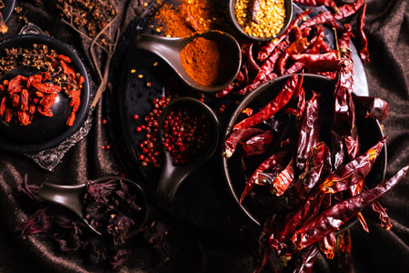 Dried chili and various herbs and spices for cooking in bowls. Selective focus.の写真素材