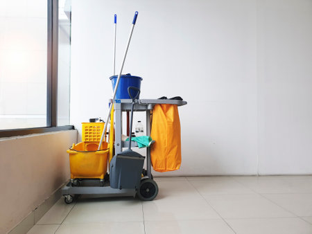 janitorial, cleaning equipment and tools for floor cleaning at the airport terminal.の写真素材