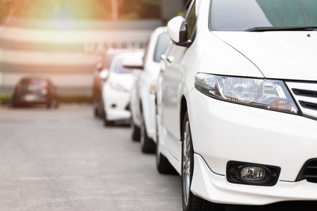 White cars parked in rows outdoors with fair light shining from behind.の写真素材