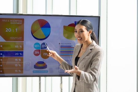 Young businesswoman presents earnings to her boss and shareholders.の写真素材
