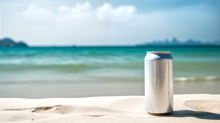 Photo blank soft drinks can on the beach sea in backgroundの素材
