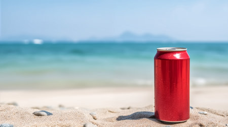 Photo blank soft drinks can on the beach sea in backgroundの素材