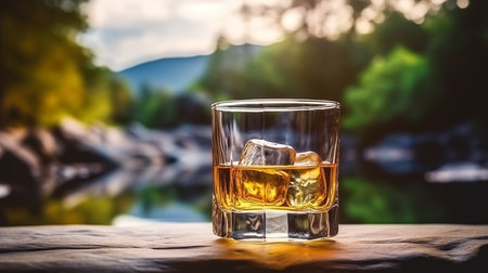 the glass of whiskey on the rock, on table with blurred beer garden festival backgroundの素材