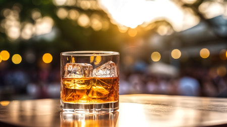 the glass of whiskey on the rock, on table with blurred beer garden festival backgroundの素材