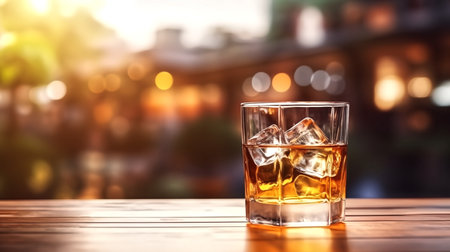 the glass of whiskey on the rock, on table with blurred beer garden festival backgroundの素材