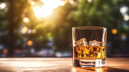 the glass of whiskey on the rock, on table with blurred beer garden festival backgroundの素材