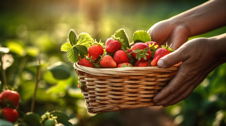 Closed up picture of the hands of the gardener picking up the strawberry in the strawberry farm and put in the small basket.の素材