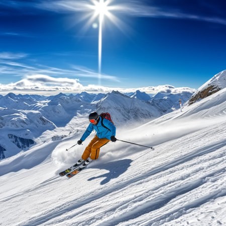 Skier is on piste running downhill in beautiful Alpine landscape. Blue sky on background. Free space for textの素材