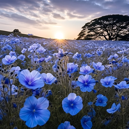 A field of blue flower with blue sky for background and space for text.の素材