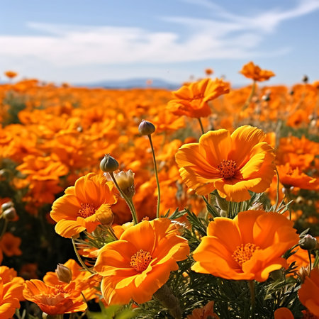 A field of orange flower with blue sky for background and space for text.の素材